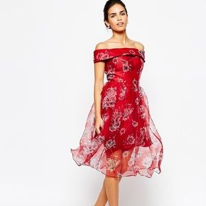 CHI CHI LONDON Red Off Shoulder Organza Midi Dress